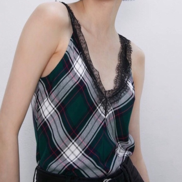 Zara NWT Plaid Lace Camisole Small Green Red Black Tank - Picture 3 of 13